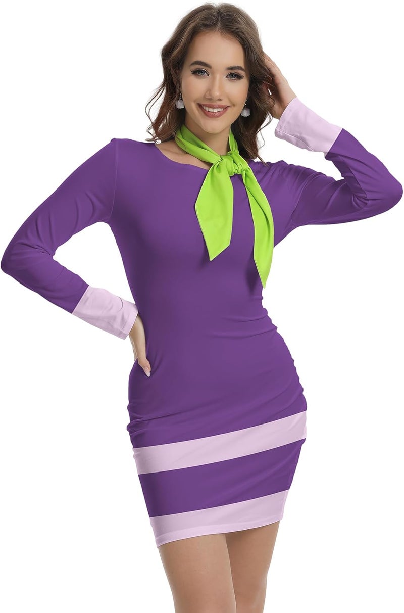 Women's Halloween Crew Neck Purple Sexy Bodycon Dress with Scarf